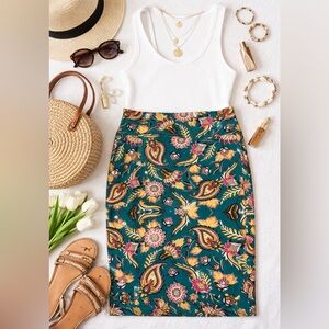 Lularoe Cassie Pencil Skirt Large Teal Paisley Floral Boho Stretch